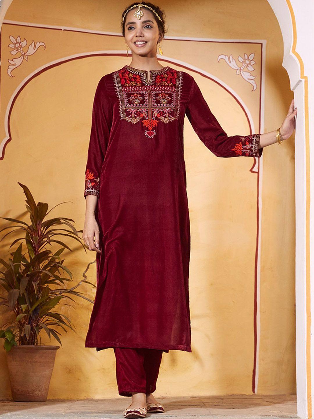 rustorange women floral embroidered thread work velvet kurta