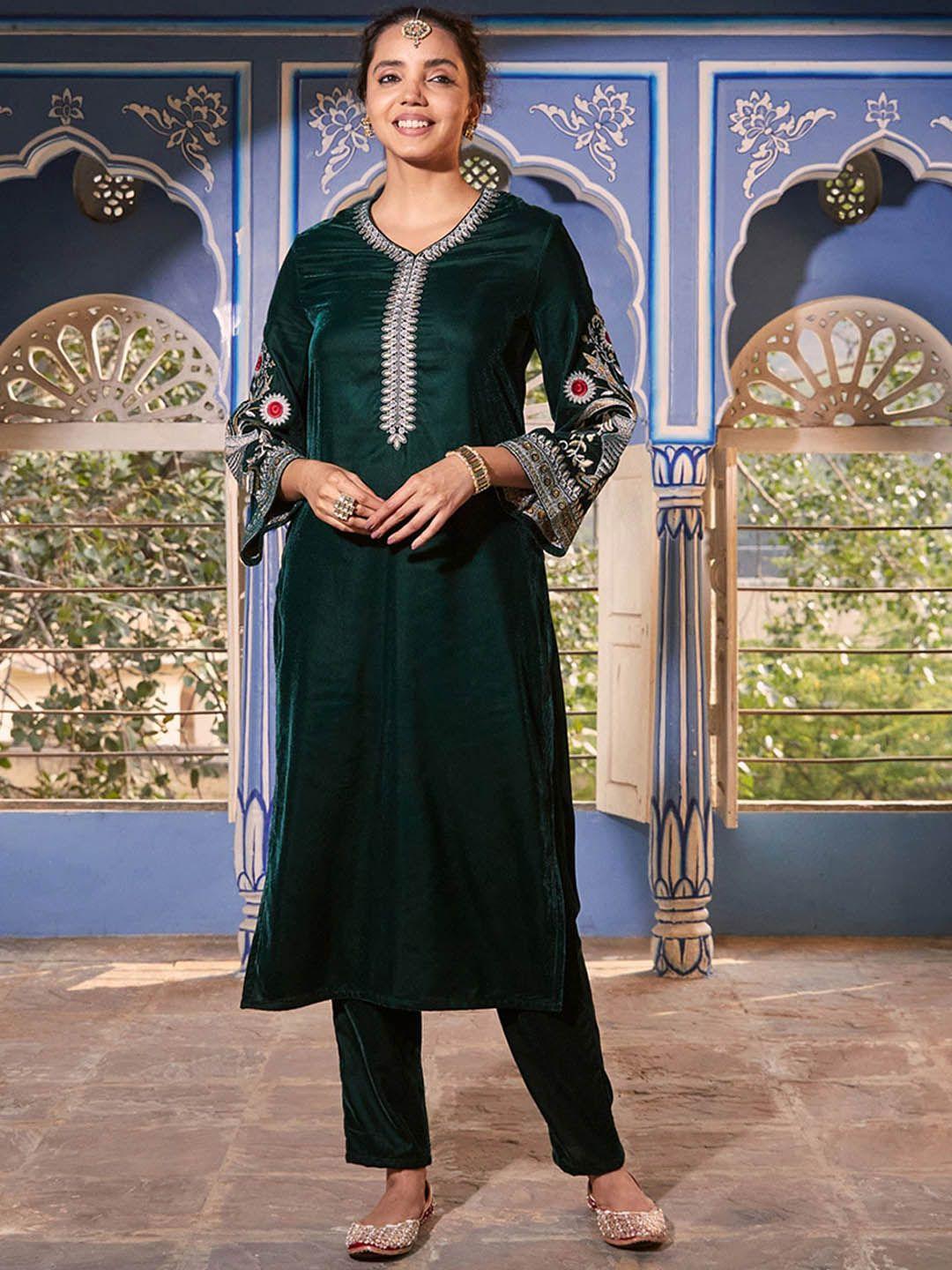 rustorange women floral embroidered velvet kurta