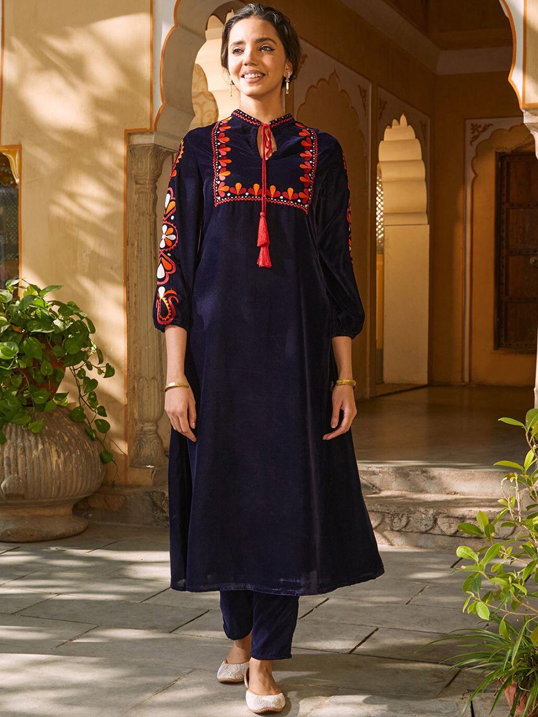 rustorange women floral embroidered velvet kurta