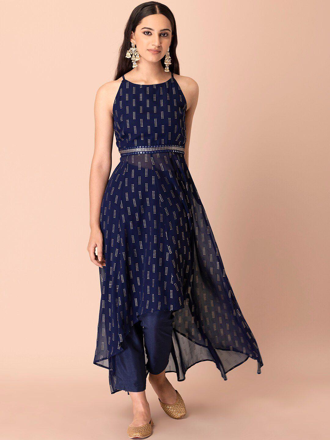 indya women geometric printed indigo georgette kurta