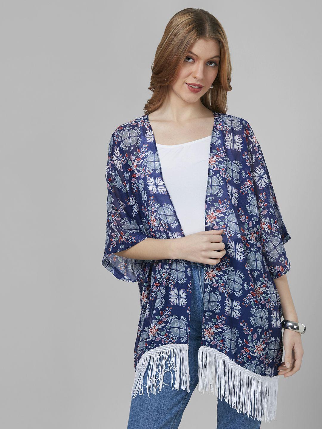 style quotient women printed tasselled longline shrug