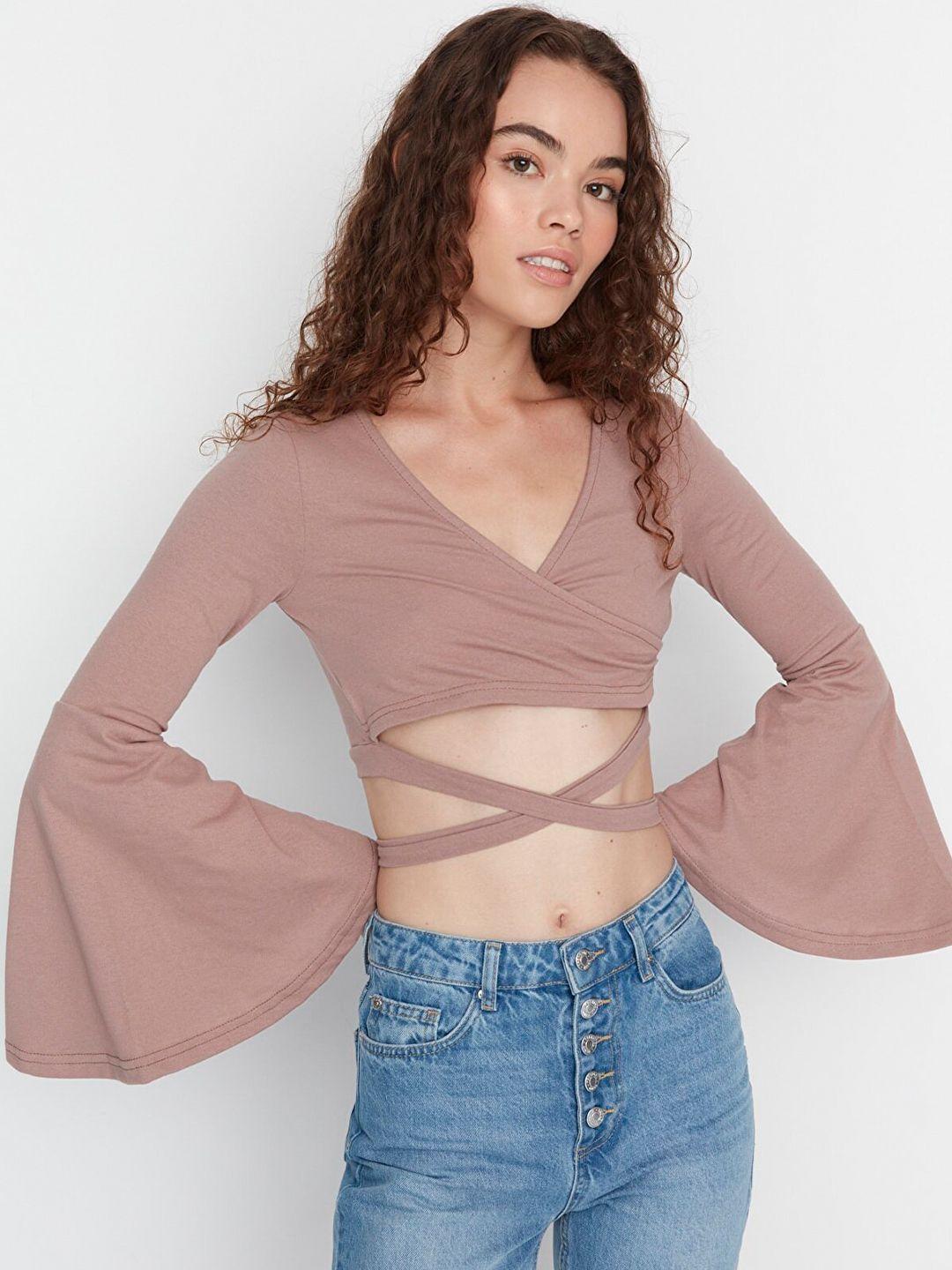 trendyol v-neck bell sleeves wrap crop top