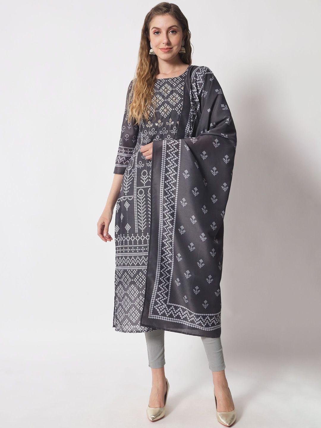 shopping queen women bandhani printed sequinned kurta with trousers & dupatta