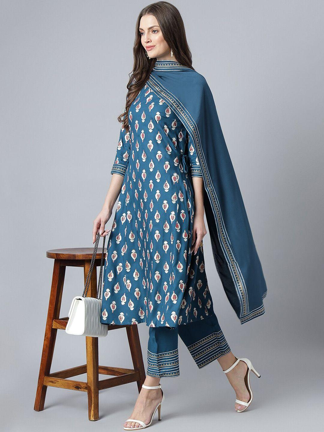 khushal k ethnic motifs printed keyhole neck kurta with palazzos & dupatta