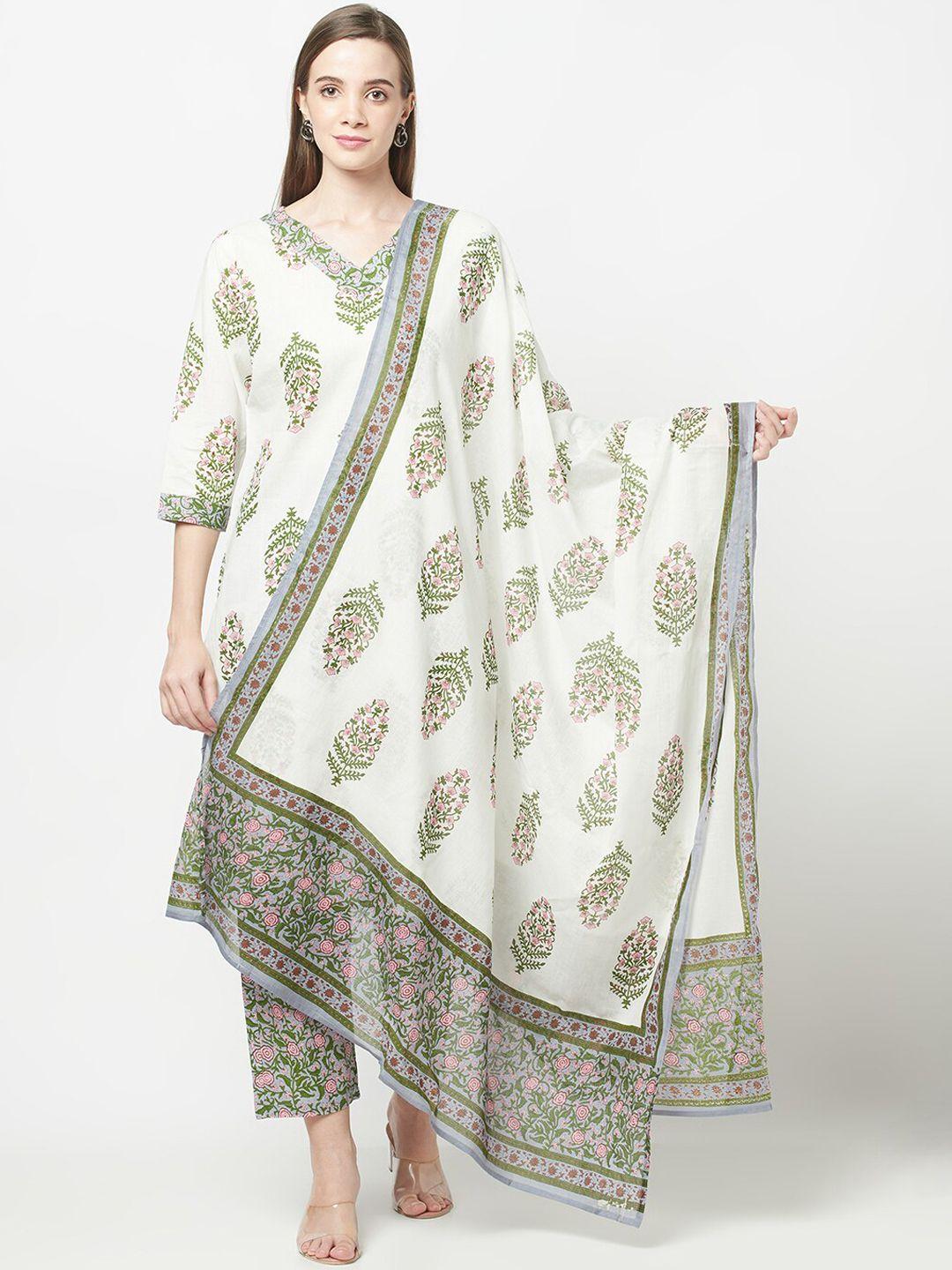 kalini floral printed v-neck pure cotton kurta with trousers & dupatta