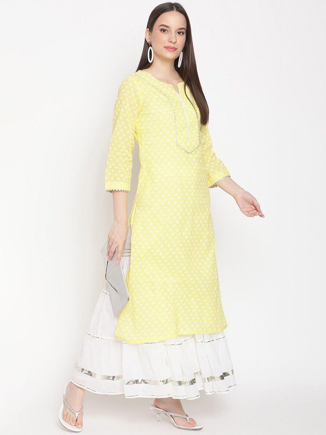 be indi ethnic motifs printed notched neck gotta patti pure cotton kurta with sharara