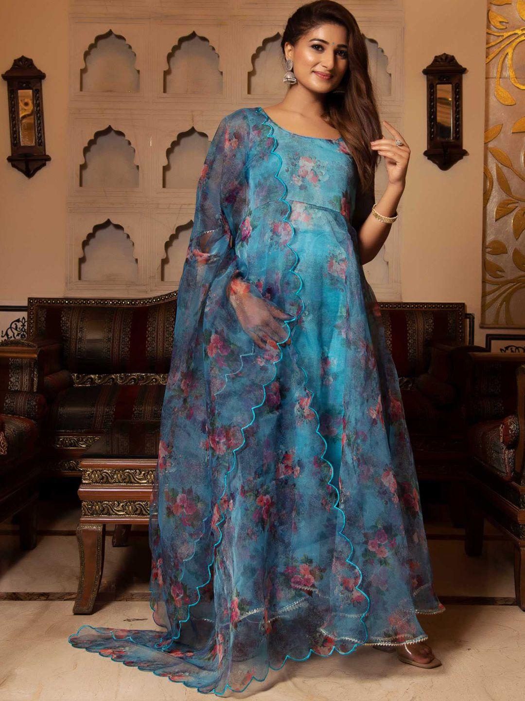 calmna women floral printed round neck anarkali kurta with trousers & dupatta