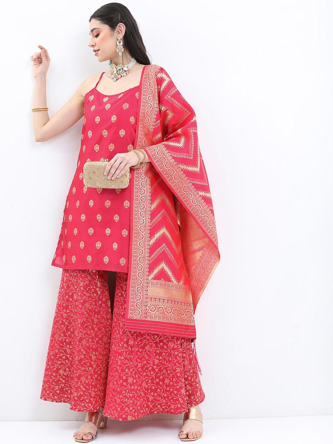 ketch ethnic motifs printed shoulder strap kurta with sharara & dupatta