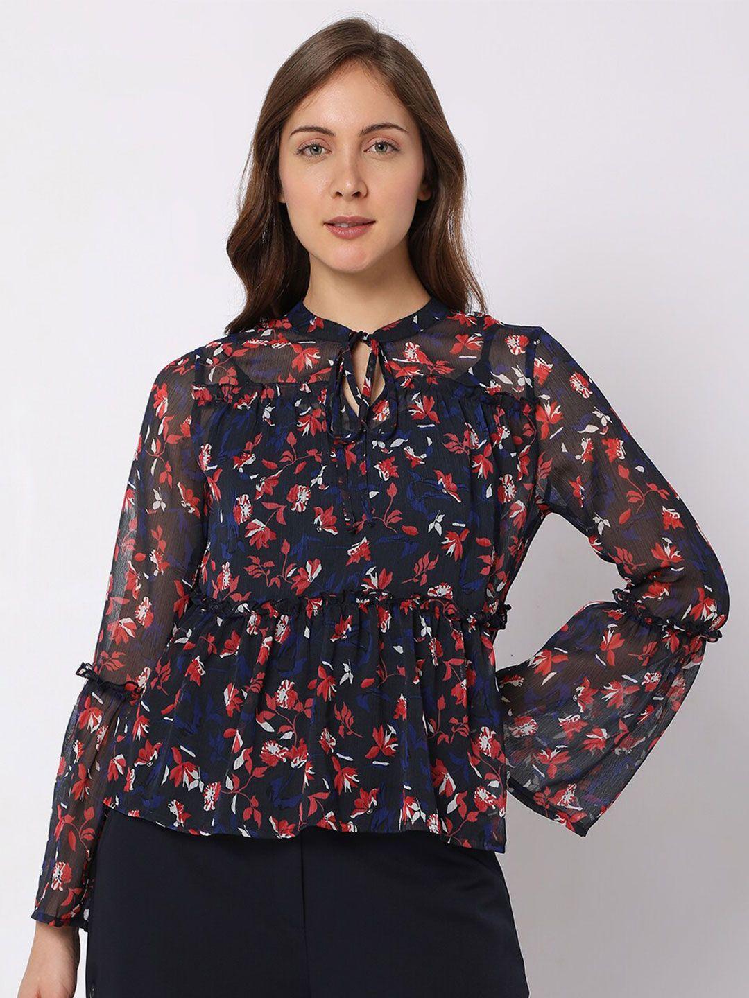 vero moda floral print tie-up neck ruffles top