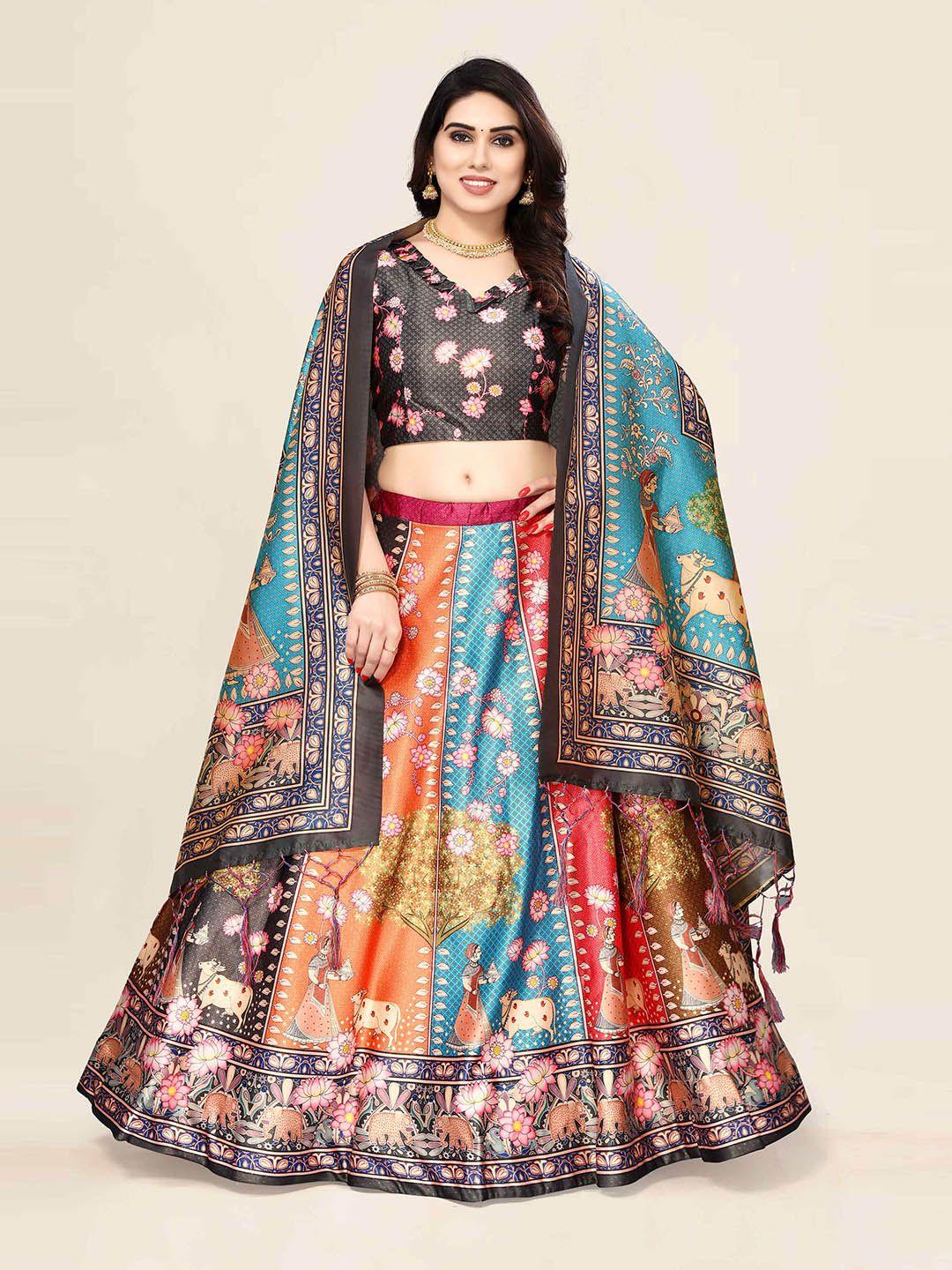 kaizen texo fab grey & blue printed semi-stitched lehenga & unstitched blouse with dupatta