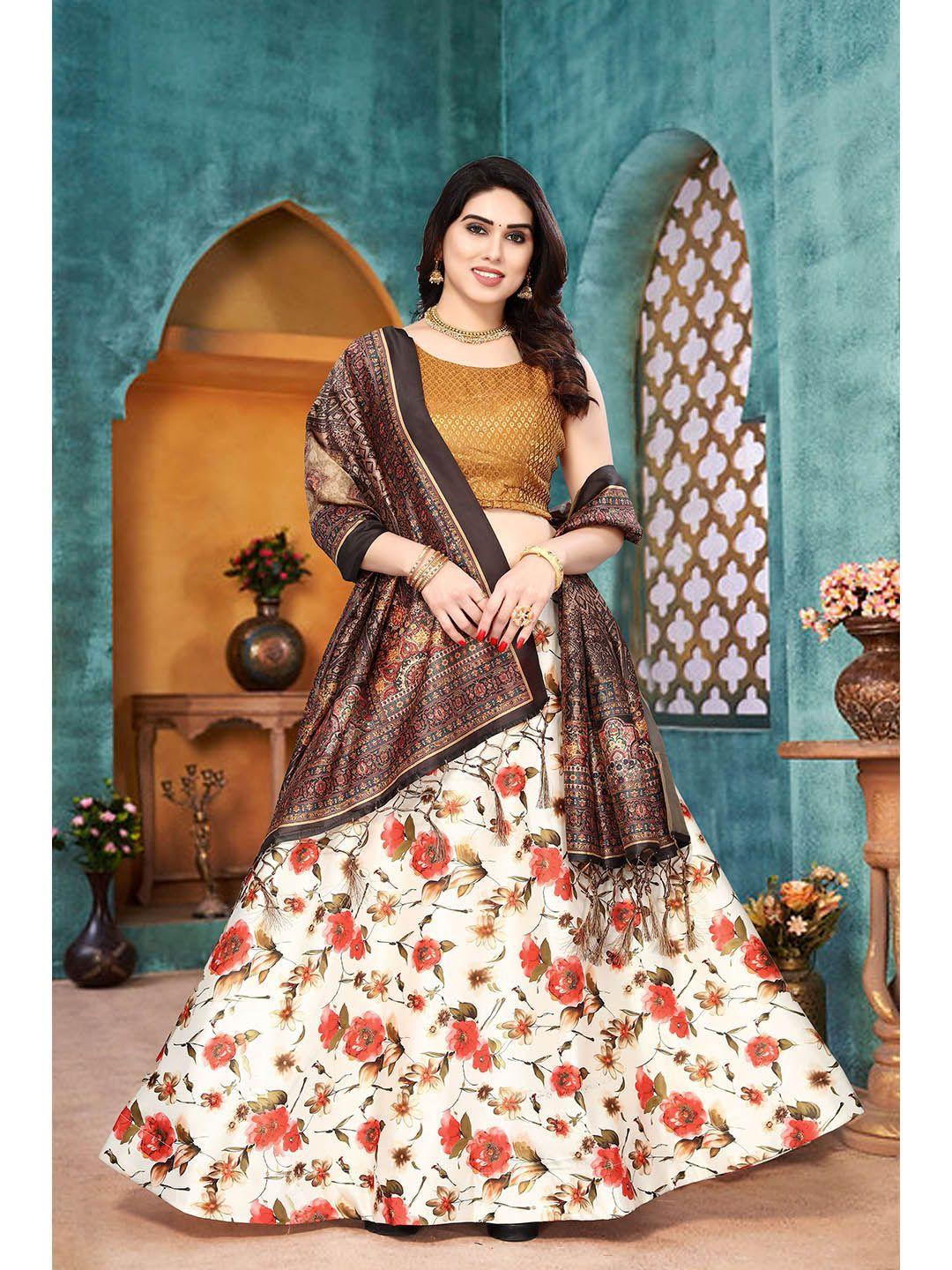 kaizen texo fab orange & brown printed semi-stitched lehenga & unstitched blouse with dupatta