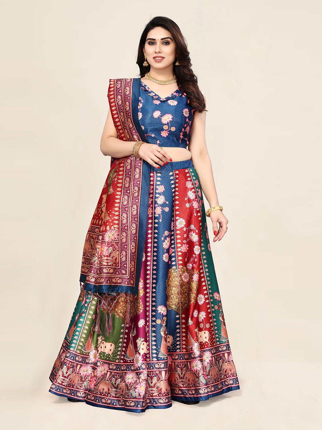 kaizen texo fab blue & green printed semi-stitched lehenga & unstitched blouse with dupatta