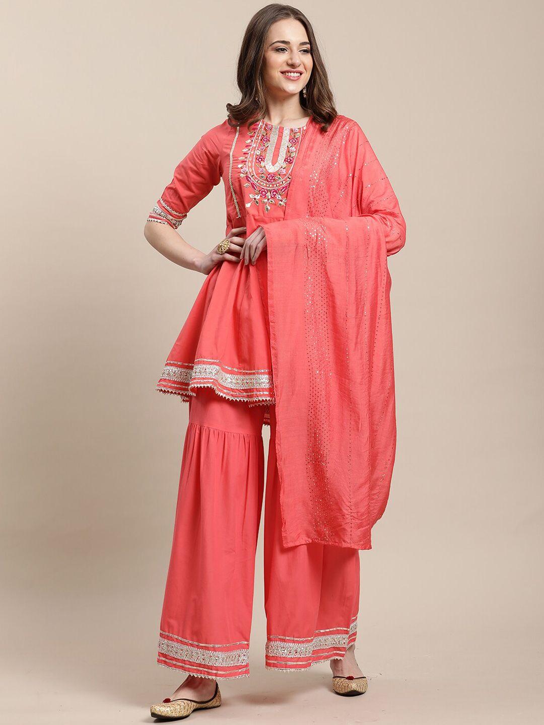 rajnandini women ethnic motifs embroidered pure cotton kurta with sharara & dupatta