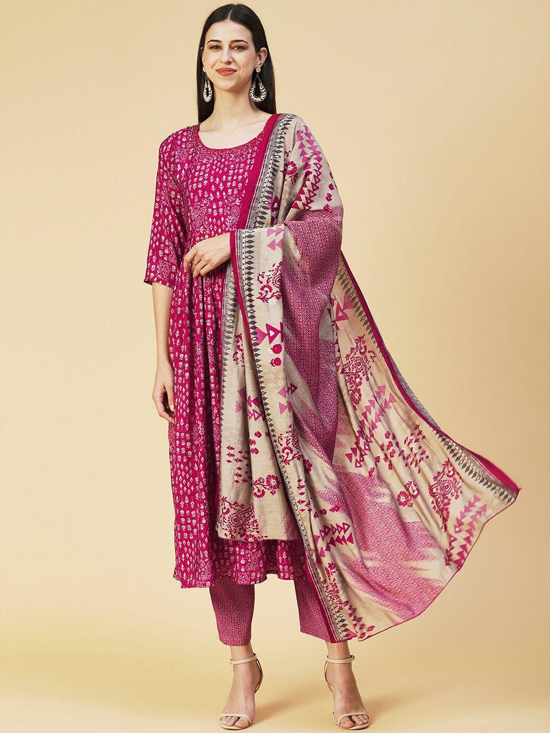 fashor ethnic motifs printed kurta with trousers & with dupatta