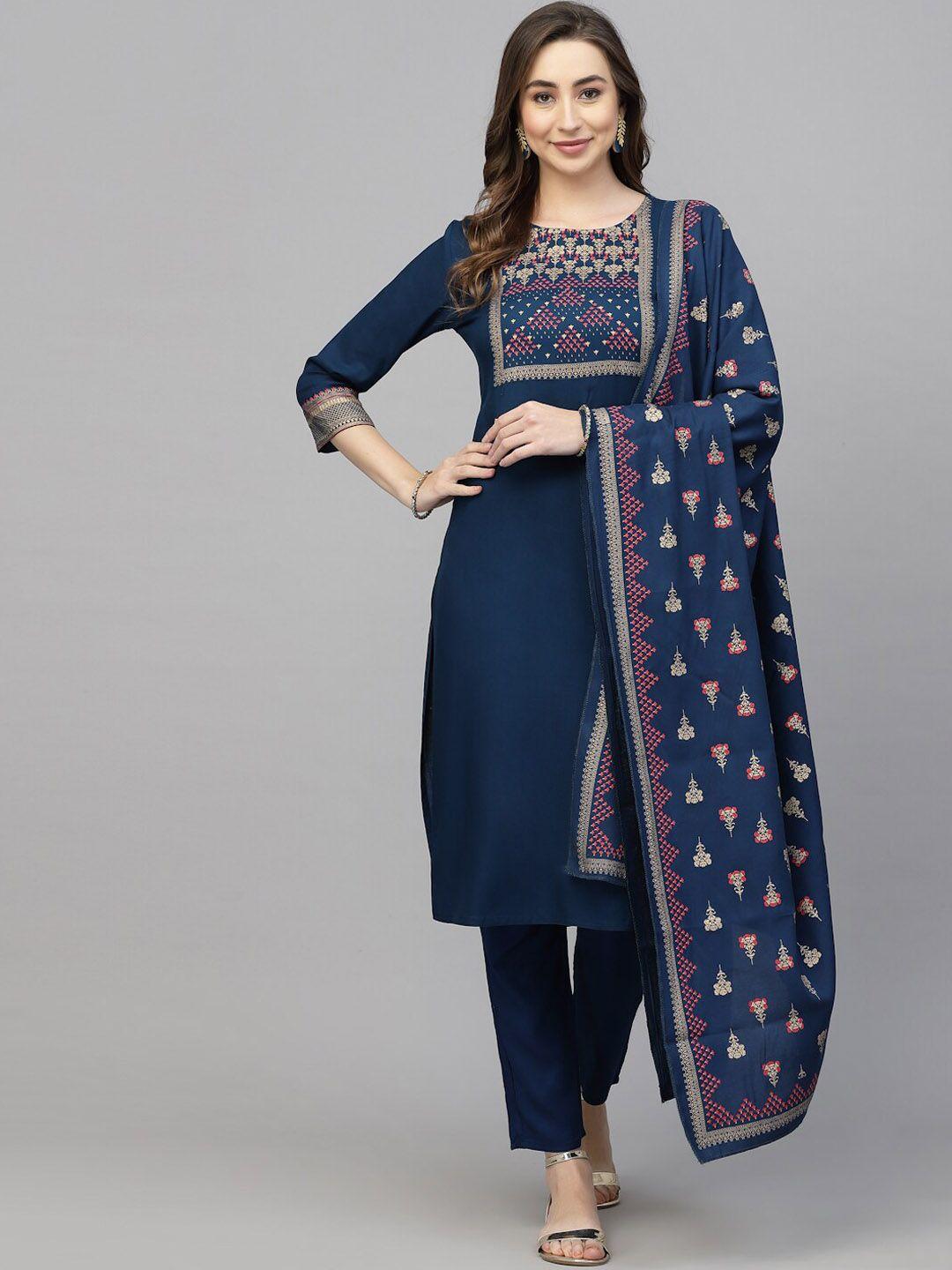 jaipuri bunaai ethnic motifs printed kurta with trousers & dupatta