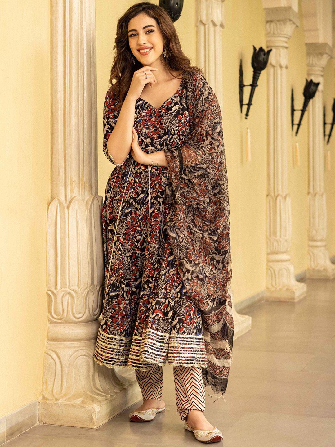 aachho women floral printed gotta patti pure cotton kurta & trousers & with dupatta