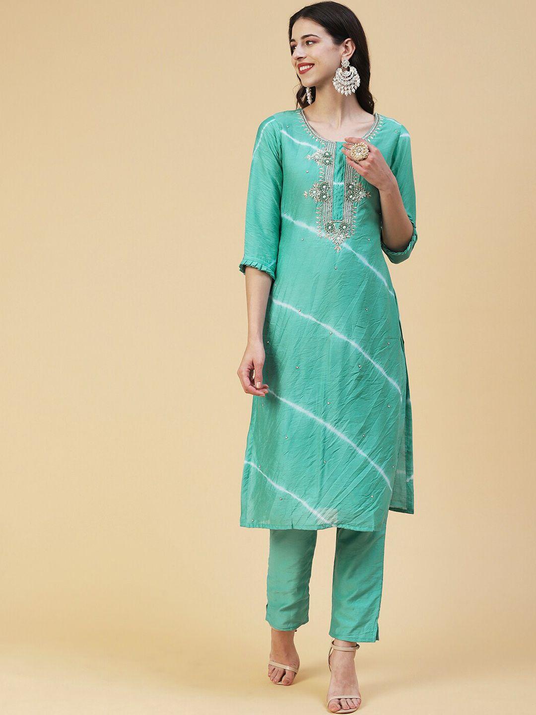 fashor women leheriya printed zardozi kurta with trousers