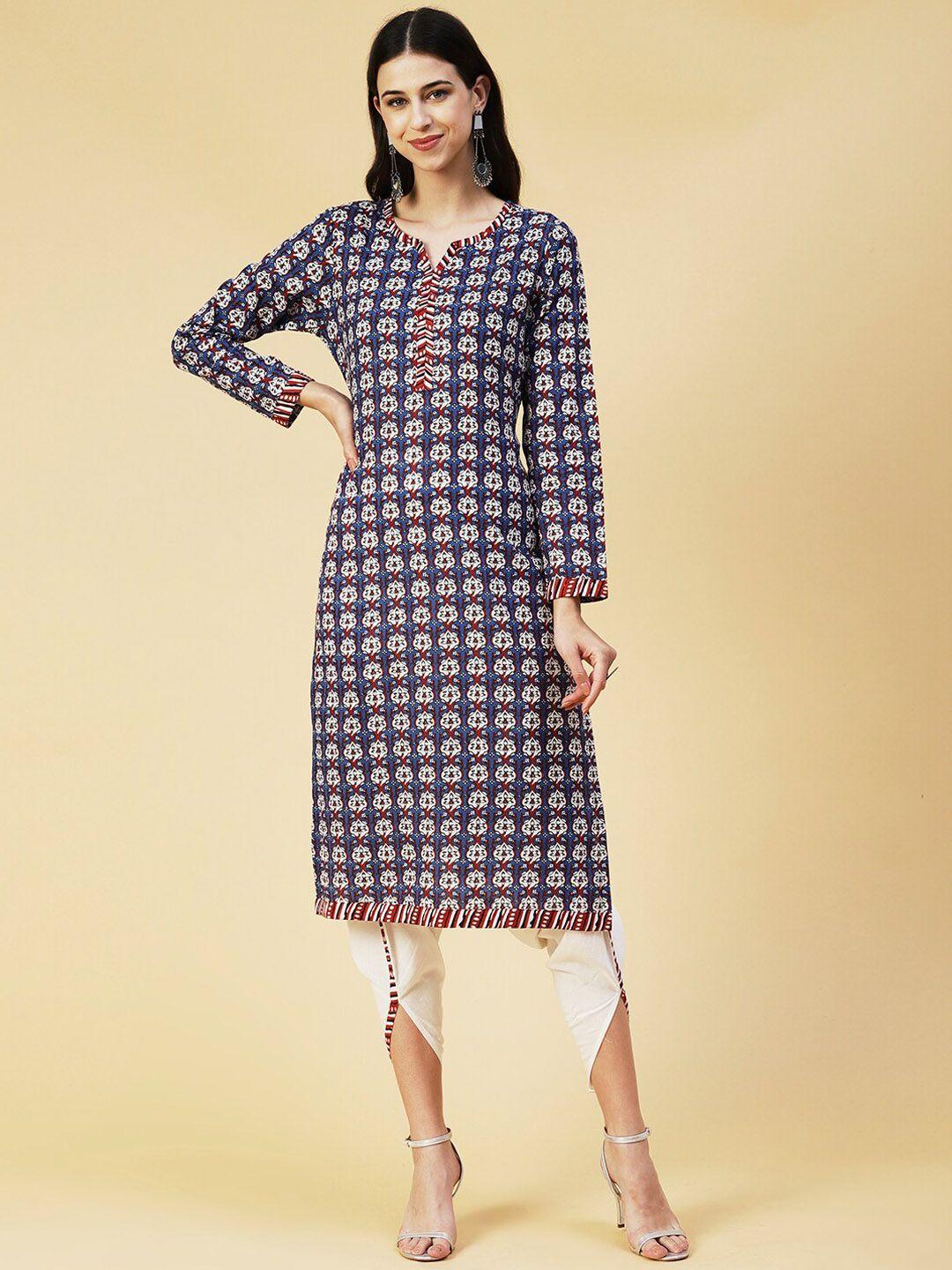 fashor women ethnic motifs printed pure cotton kurta with dhoti pants