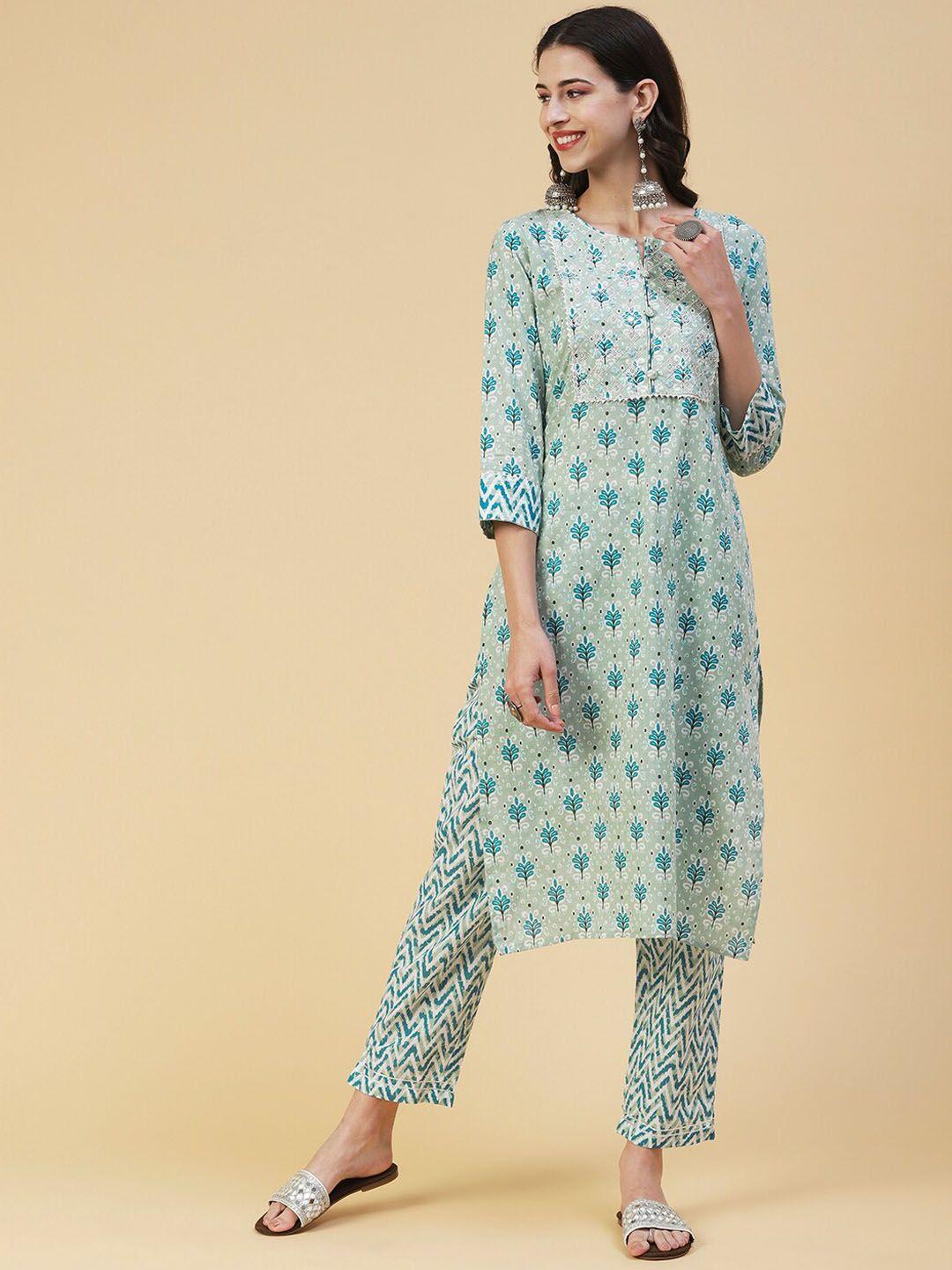 fashor women ethnic motifs printed pure cotton kurta with trousers