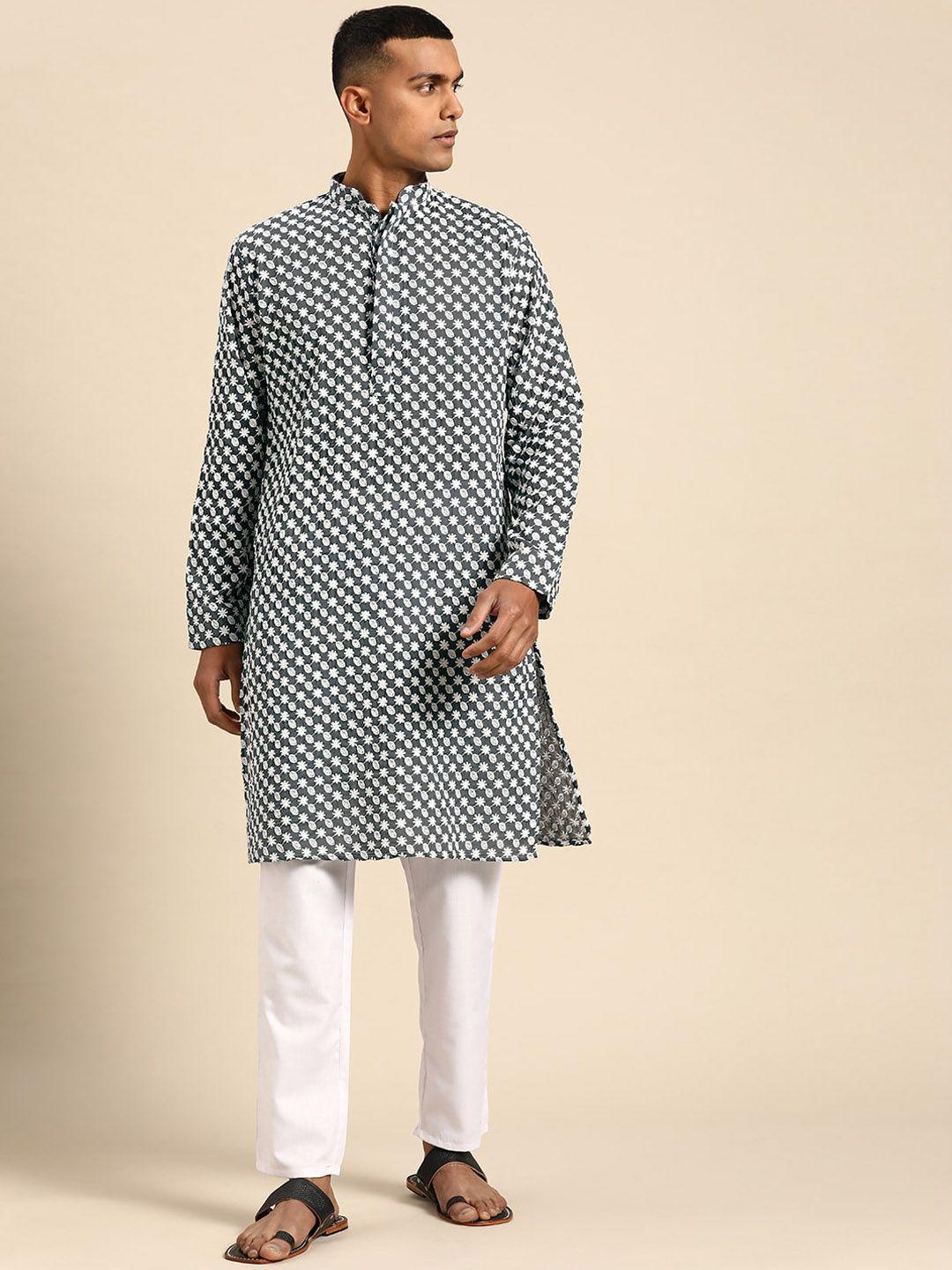 molly & michel men floral embroidered cotton kurta