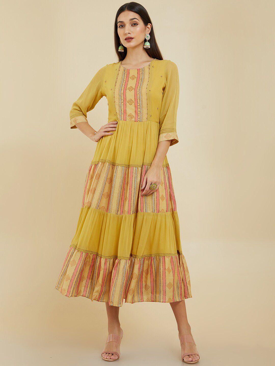 soch mustard ethnic motifs georgette midi dress