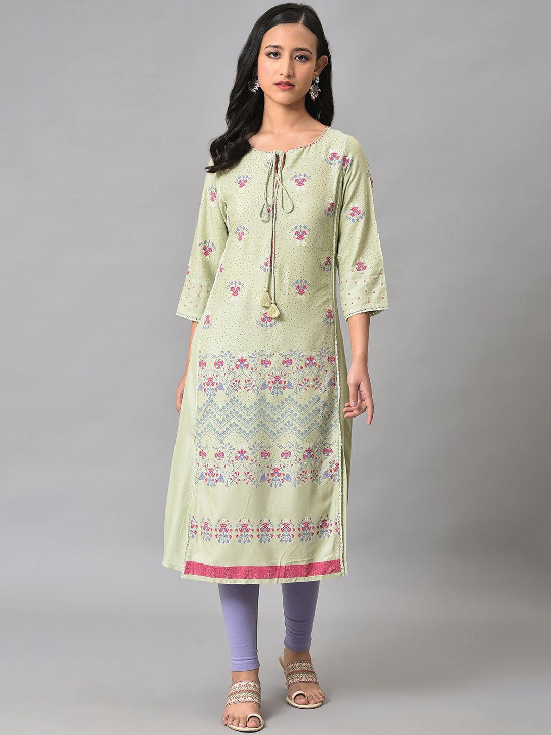 w women floral printed tie-up neck kurta