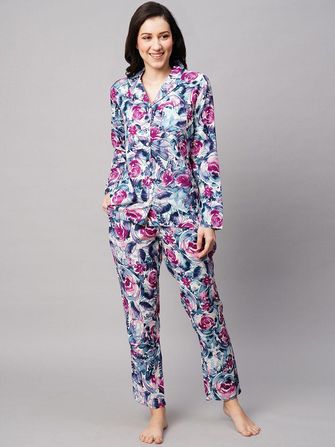 drape in vogue women floral printed lapel collar 2 piece night suit