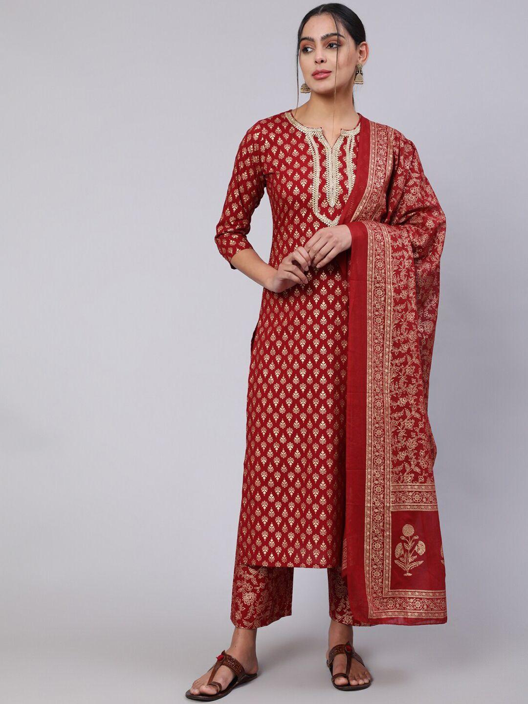 nayo ethnic motifs printed notch neck pure cotton kurta with palazzos & dupatta