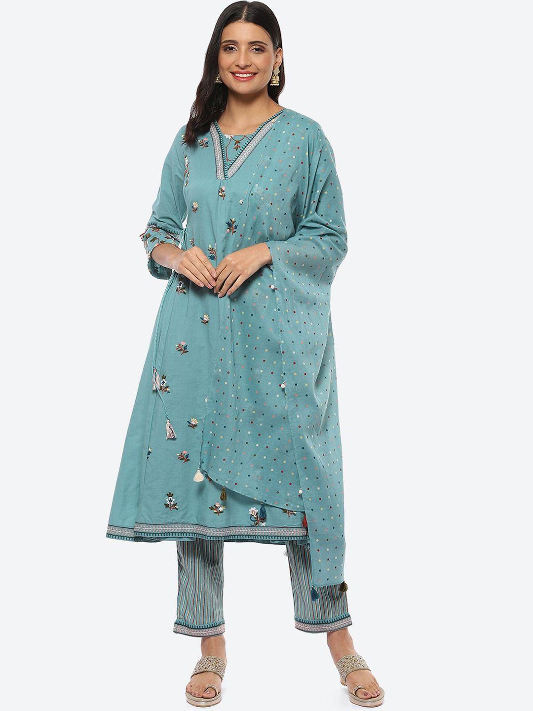 biba embroidered round neck a-line kurta with trousers & with dupatta