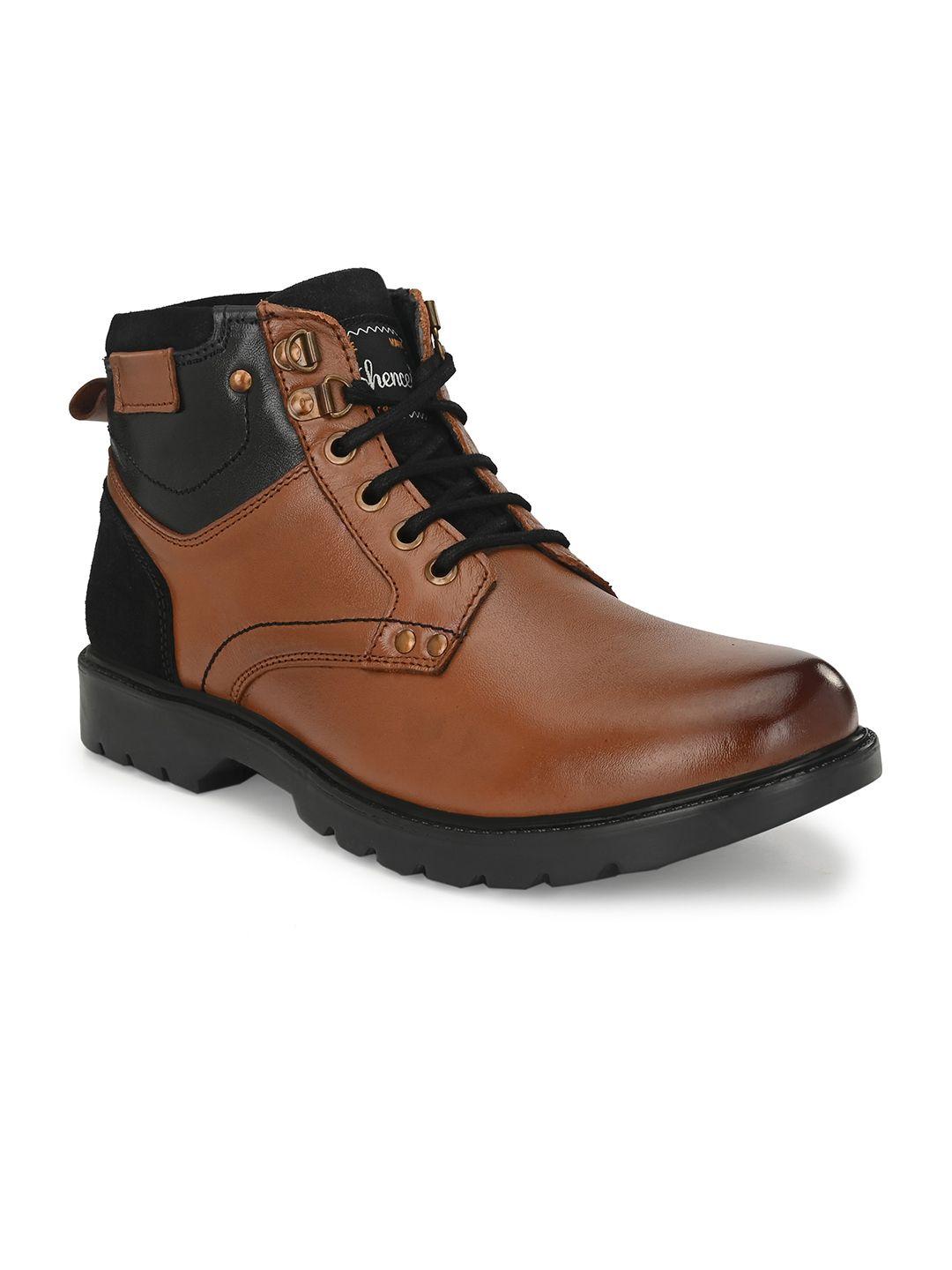 shences men colourblocked genuine leather biker boots