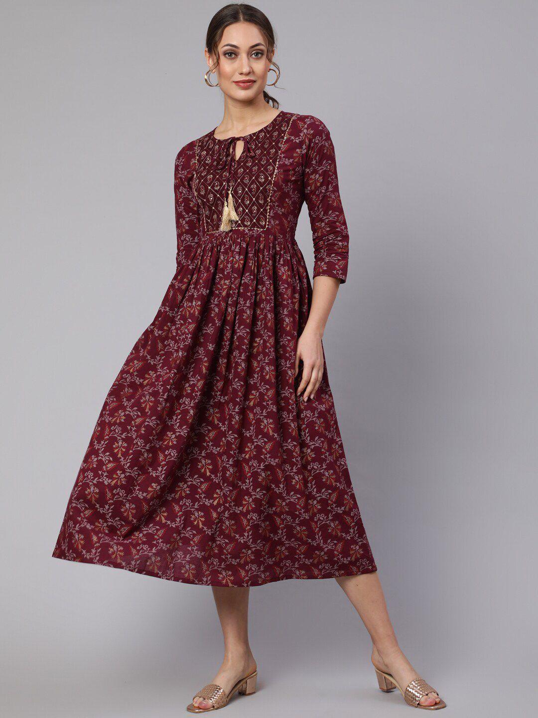 nayo ethnic motifs tie-up neck ethnic a-line midi dress