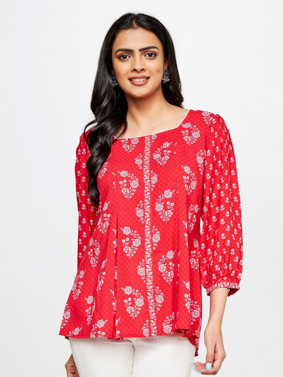 global desi floral print tie-up neck a-line top