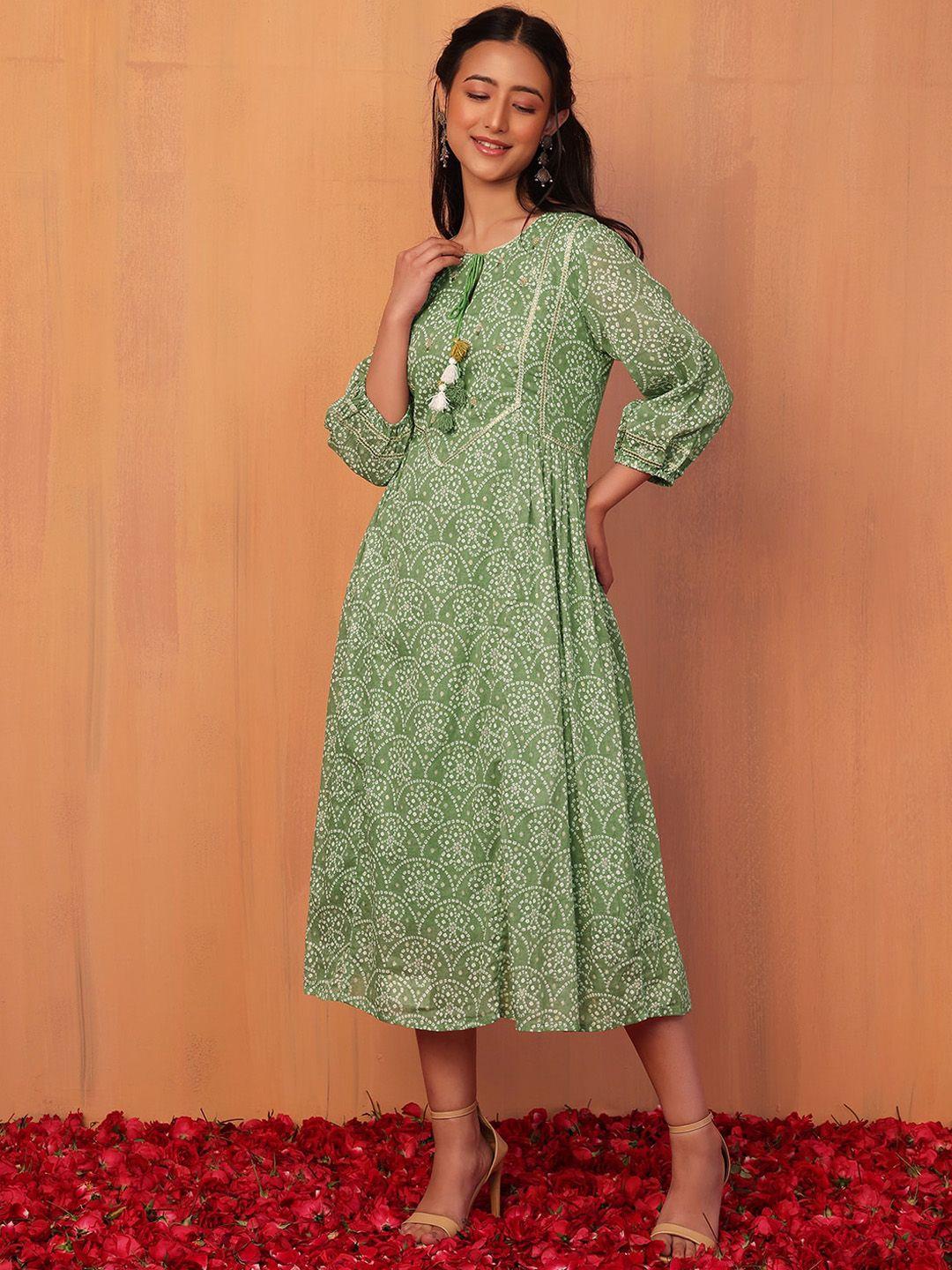 indya bandhani tie-up neck cotton dress