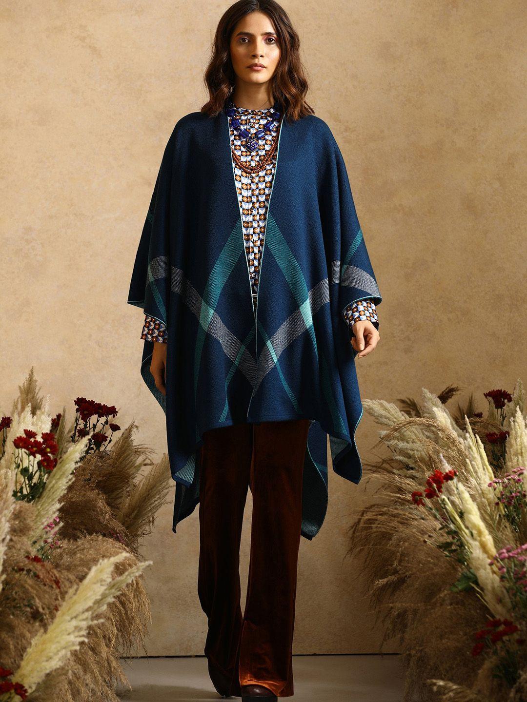 khaleej women geometric printed woolen asymmetric longline poncho