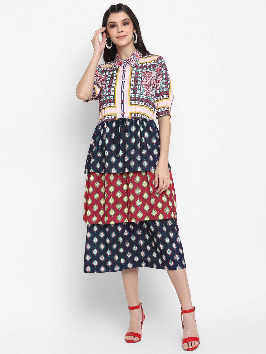 blanc9 ethnic motifs layered a-line midi dress