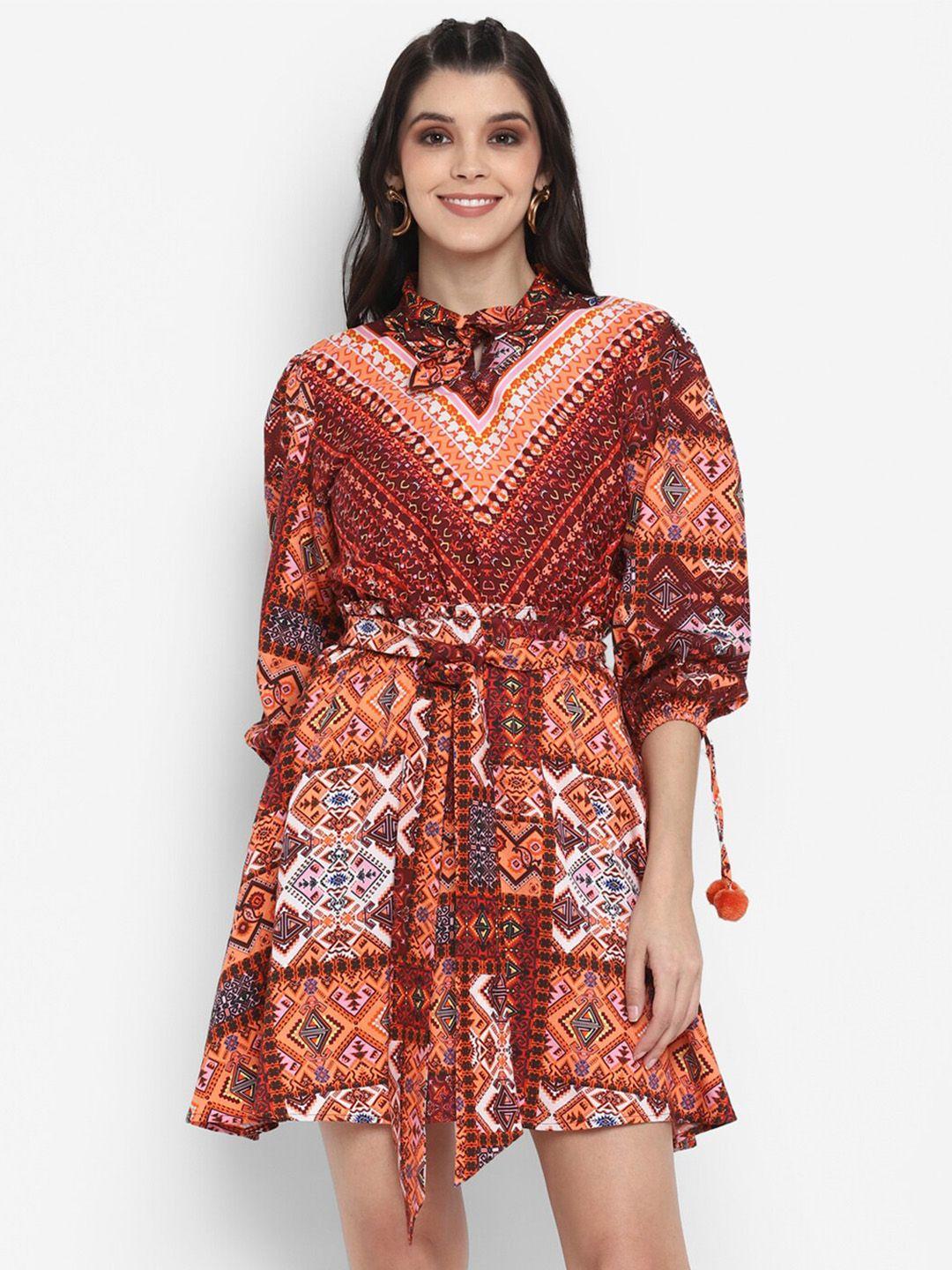 blanc9 ethnic motifs printed tie up neck cotton dress