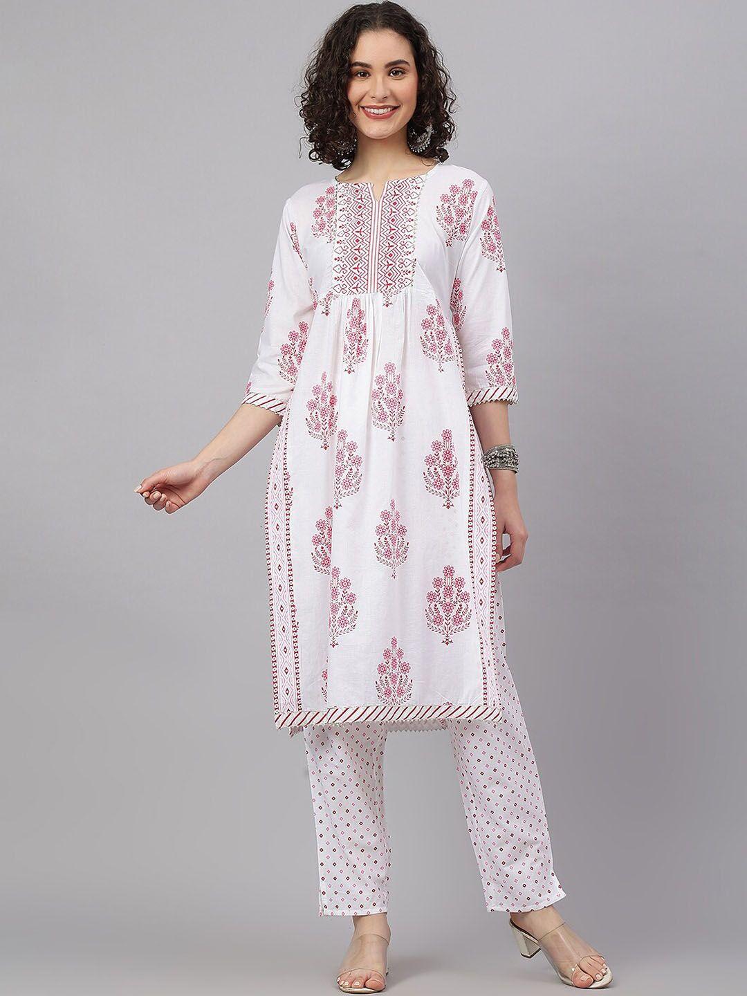 saabhi women floral printed notch neck pure cotton kurta with trousers