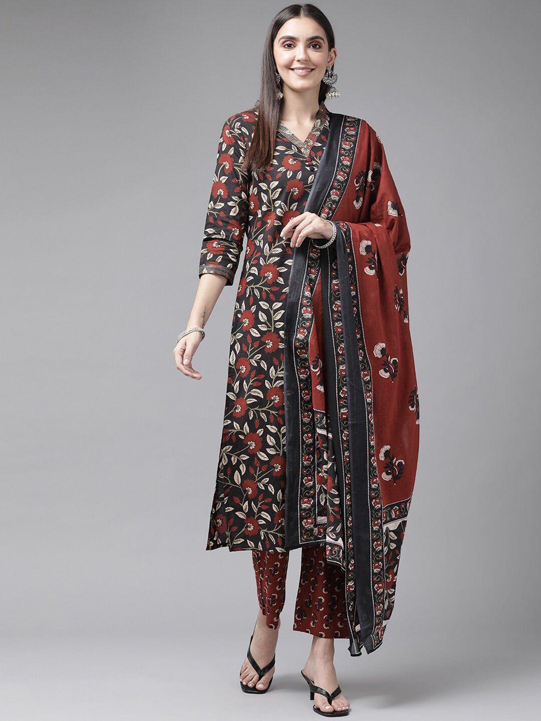 yufta women floral printed pure cotton kurta with palazzos & dupatta