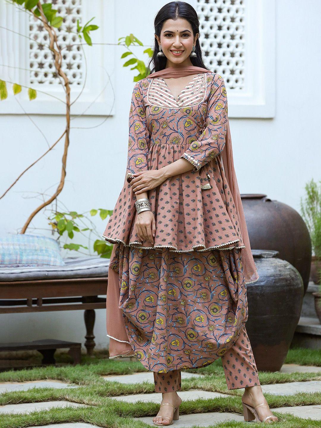 pinkville jaipur women floral printed angrakha pure cotton kurta with trousers & dupatta