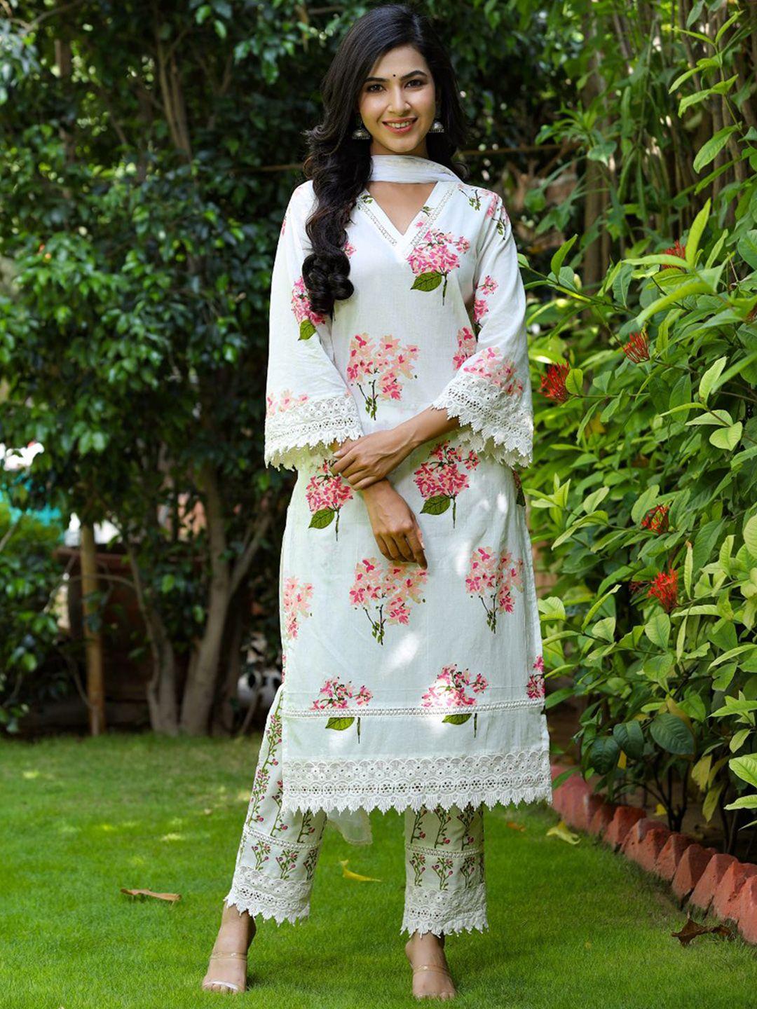 pinkville jaipur women floral printed pure cotton kurta with trousers & dupatta