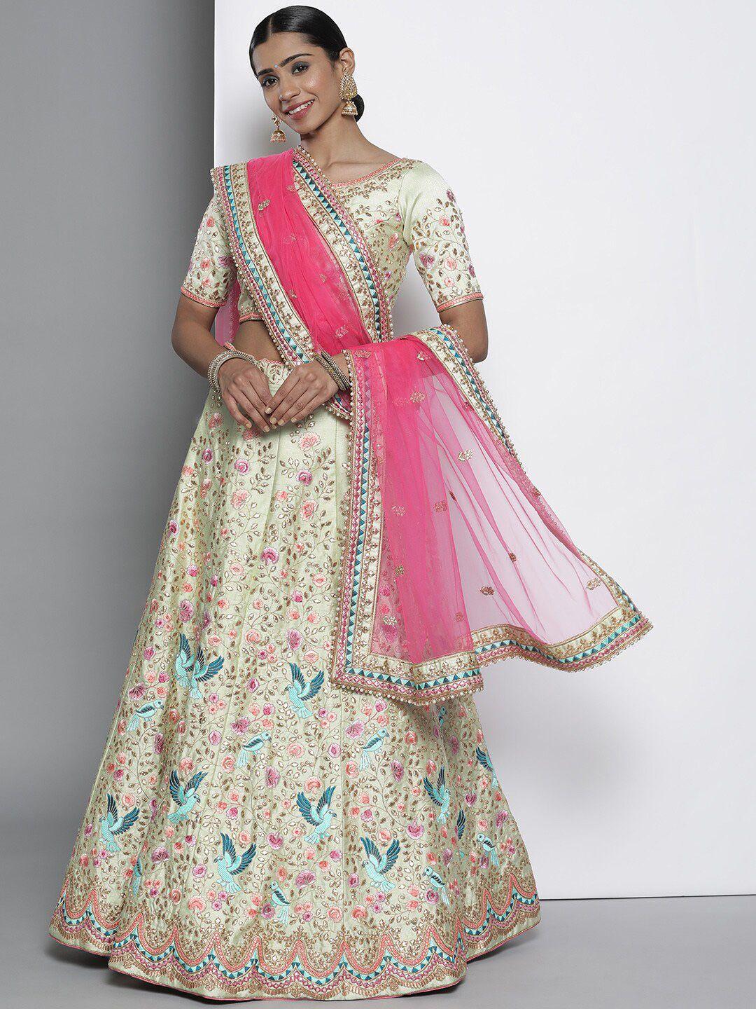 fusionic embroidered thread work semi-stitched lehenga & unstitched blouse with dupatta