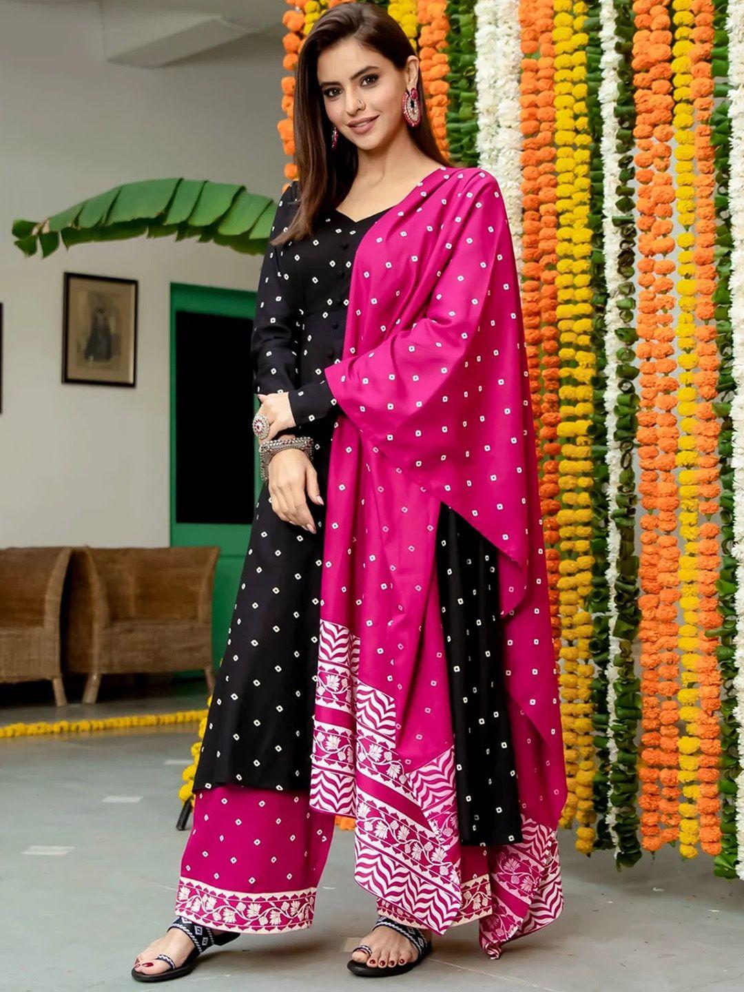 rustorange bandhani printed kurta with palazzos & dupatta