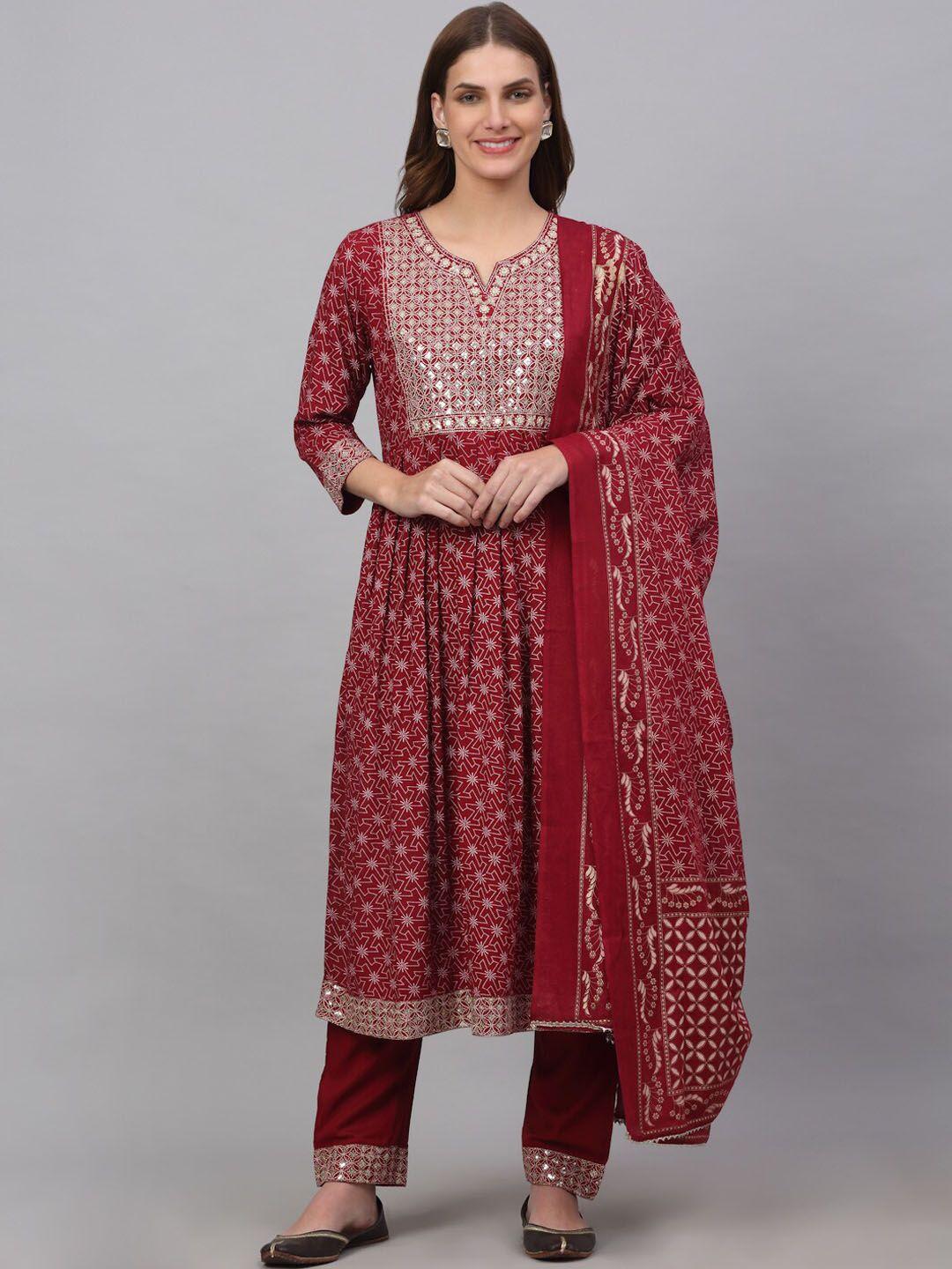 kamayra women printed notch neck kurta with trousers & dupatta