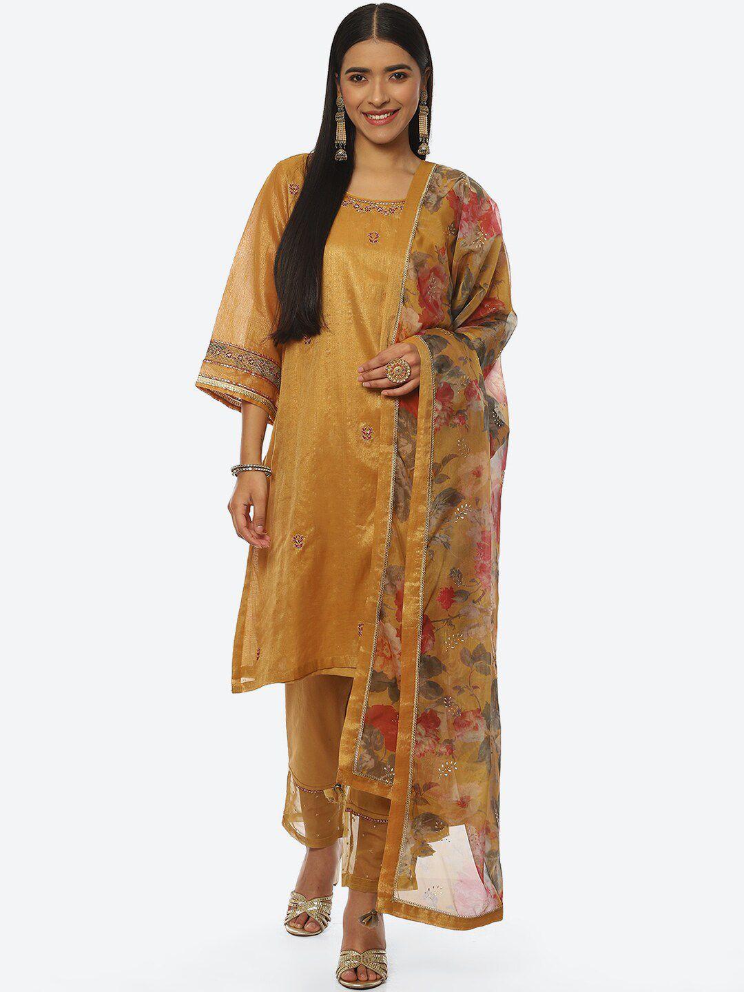 biba women embroidered kurta & trousers with organza dupatta