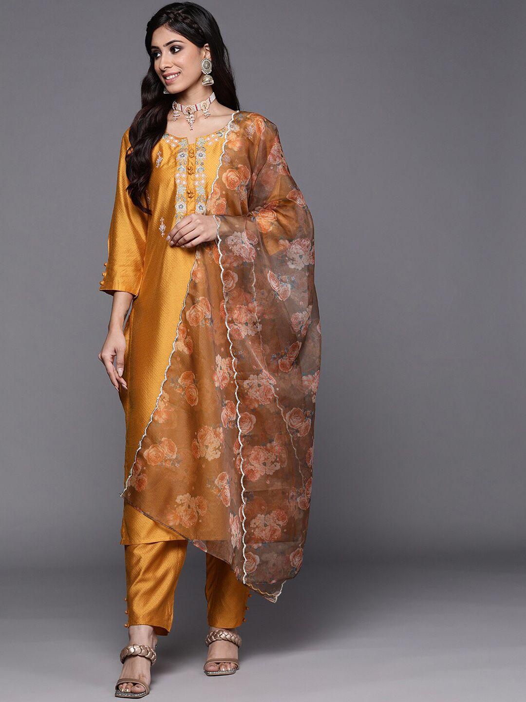 indo era floral thread work kurta with trousers & dupatta