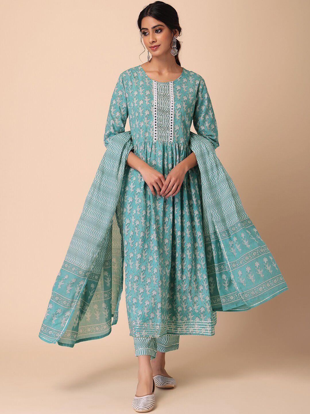 indya boota printed pure cotton anarkali kurta with trouser & dupatta set