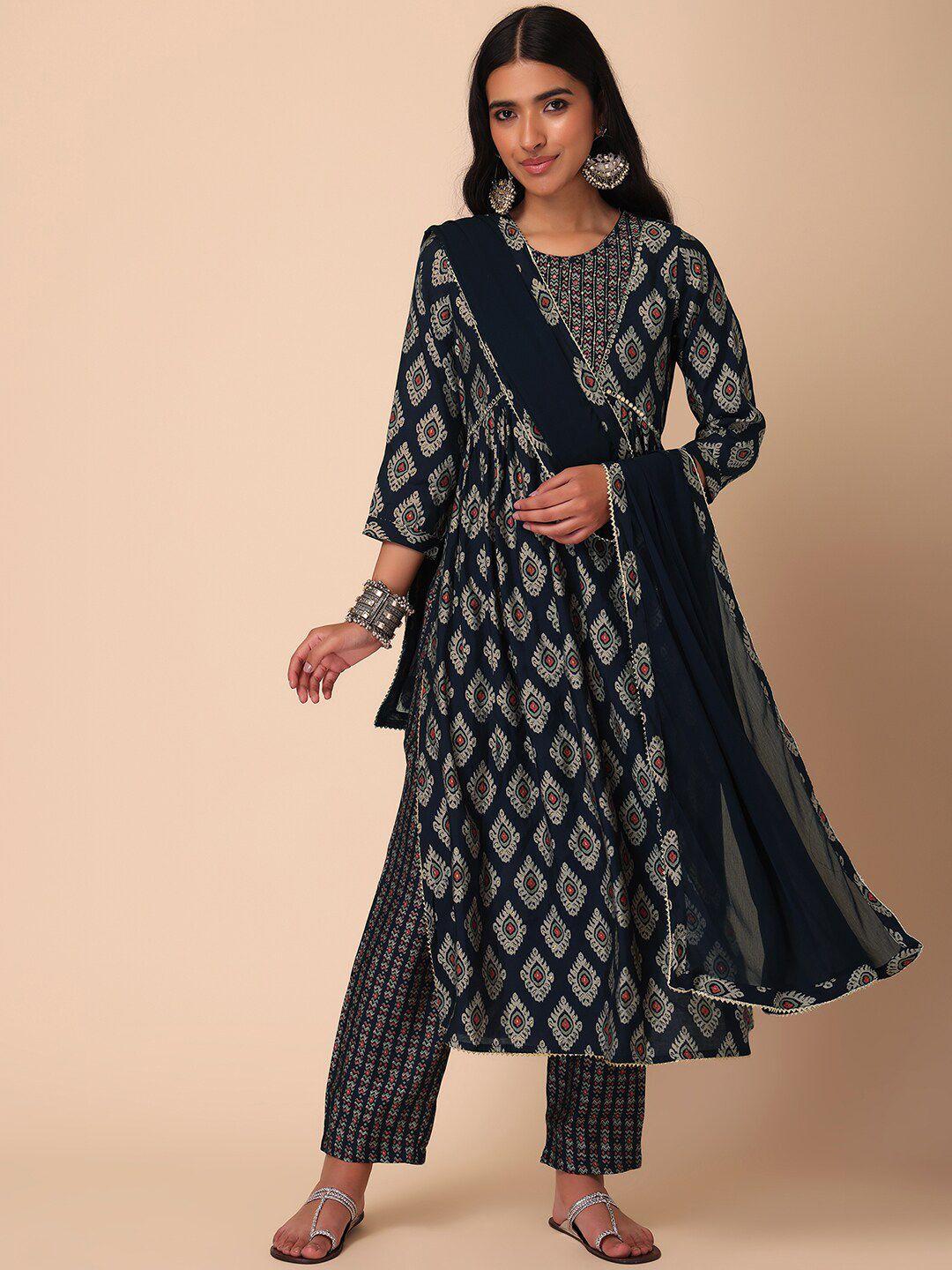 indya women ethnic motifs printed a-line kurta with trouser & dupatta