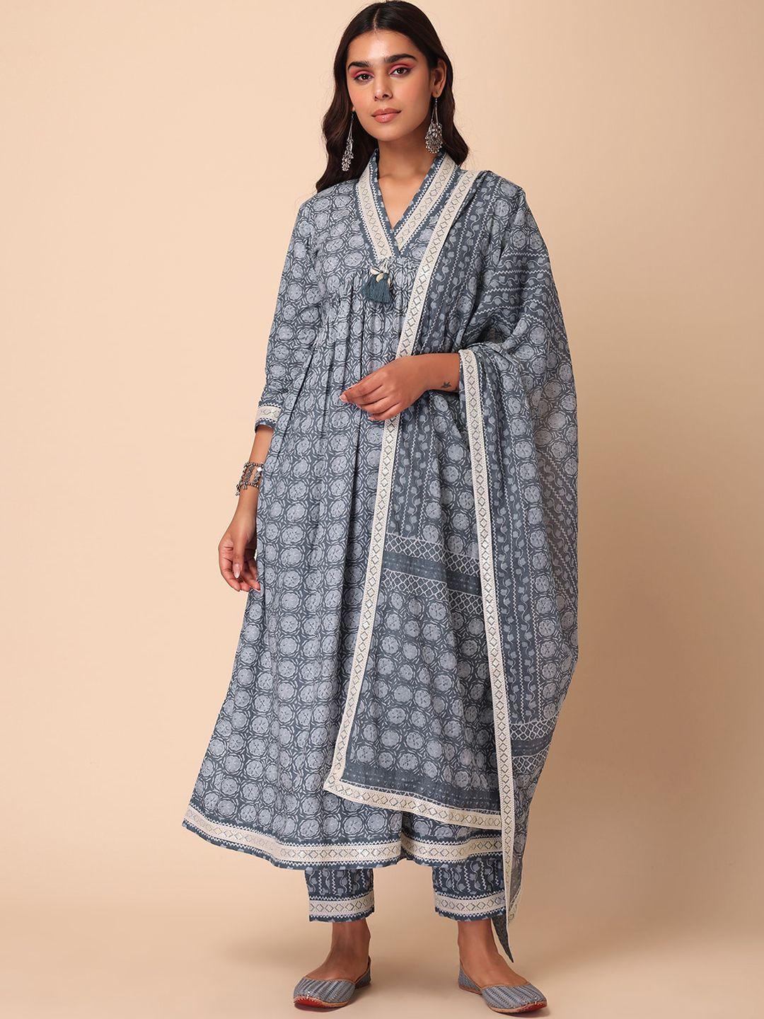 indya women printed pure cotton gathered a-line kurta with trouser & dupatta