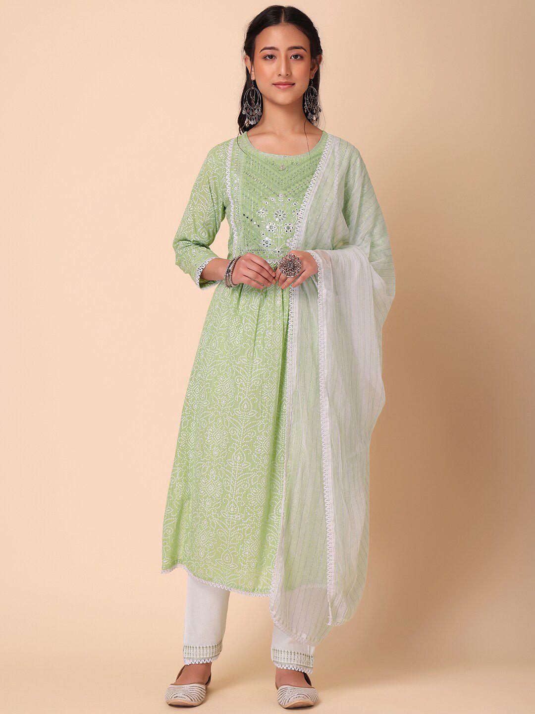 indya women bandhani printed a-line kurta with trouser & dupatta