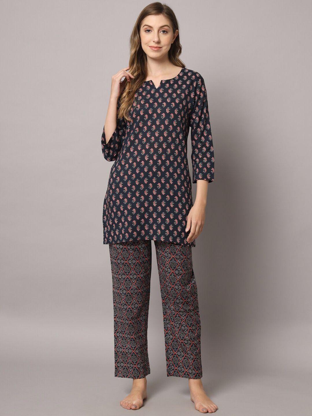 zri women 2 pieces ethnic motifs printed pure cotton night suit